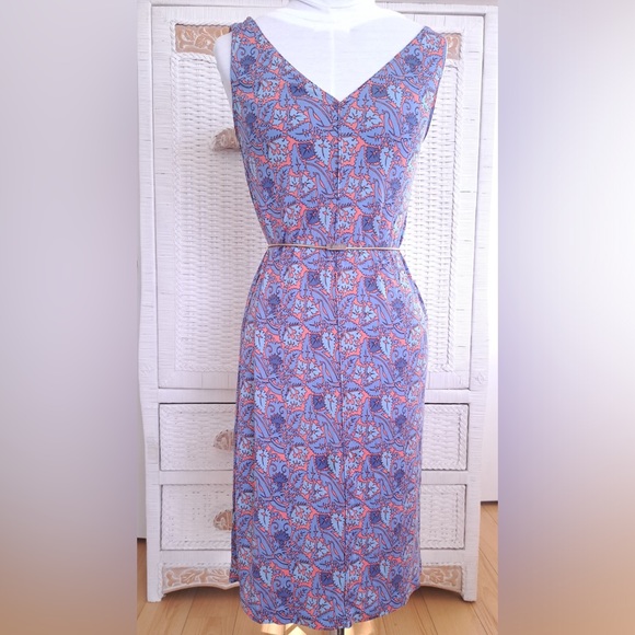 Tory Burch MIDI Dress Fun Print Blue Coral/ Orange Silk Simple Easy to Wear SZ S - Picture 1 of 8